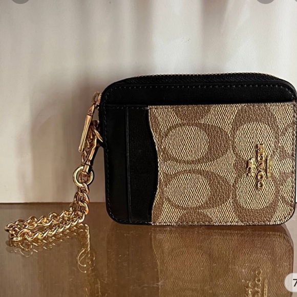Coach Zip Card Case Block Signature Canvas ID Chain Wallet - Picture 1 of 4